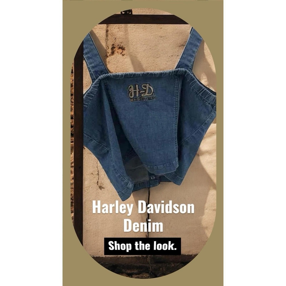 Vtg 90s Harley Davidson Jean Bustier Top Denim Snap Front Biker Festival moto-M - Picture 4 of 5
